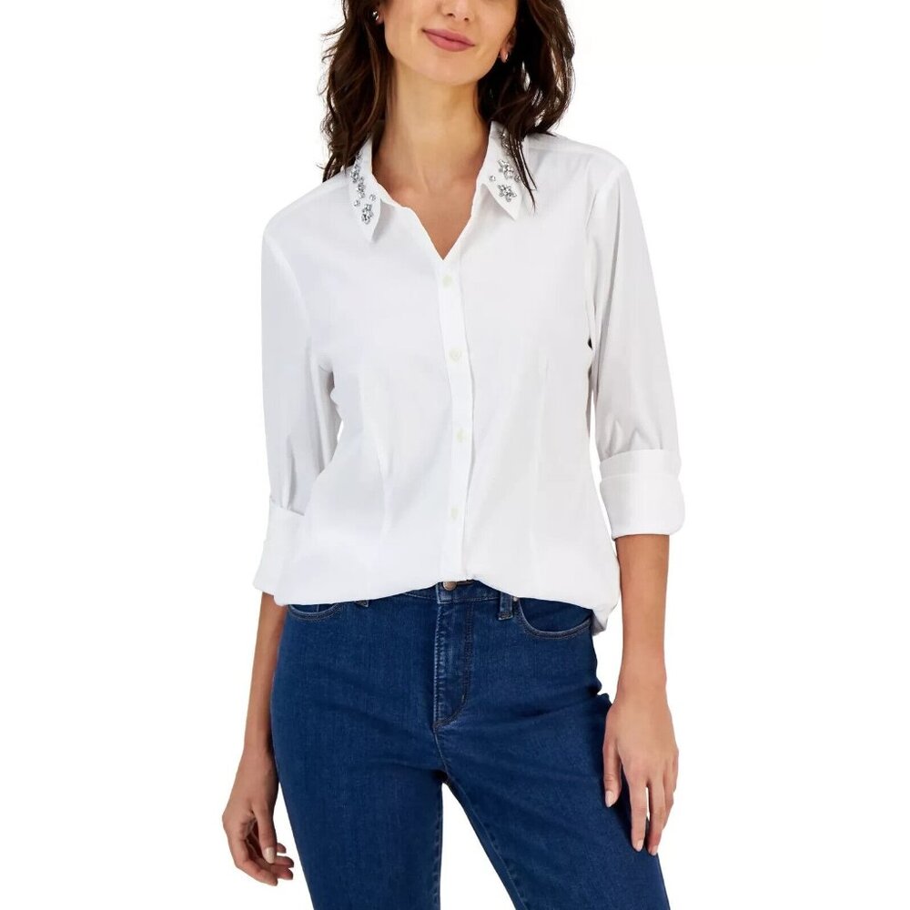 Charter Club Women's Petite 2P Embellished Collar Button Up Shirt PM133AFA